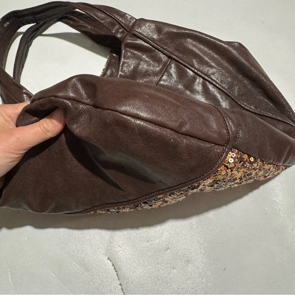 Banana Republic Vtg‎ Y2K Brown Leather Hobo Shoulder Bag Purse Gold Sequin Fall